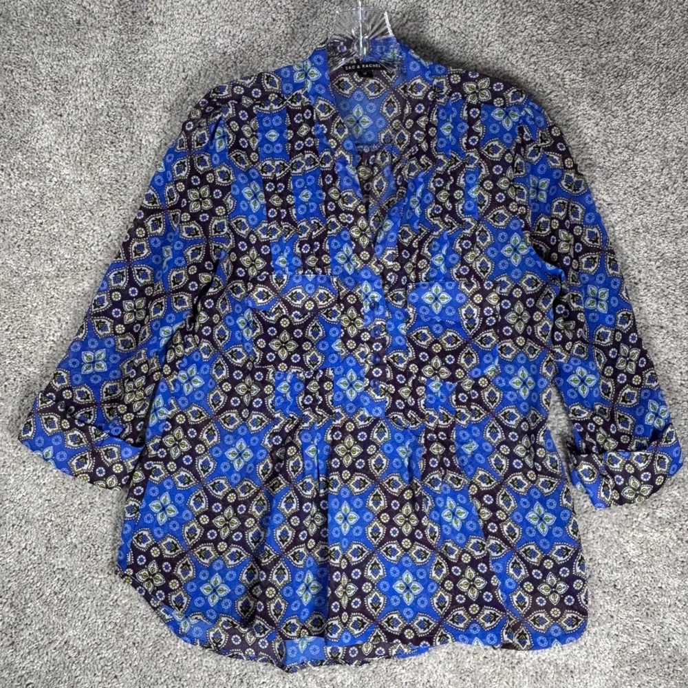 ZAC & RACHEL Womens Blue Geometric Print Peplum Blouse Top Size‎ M